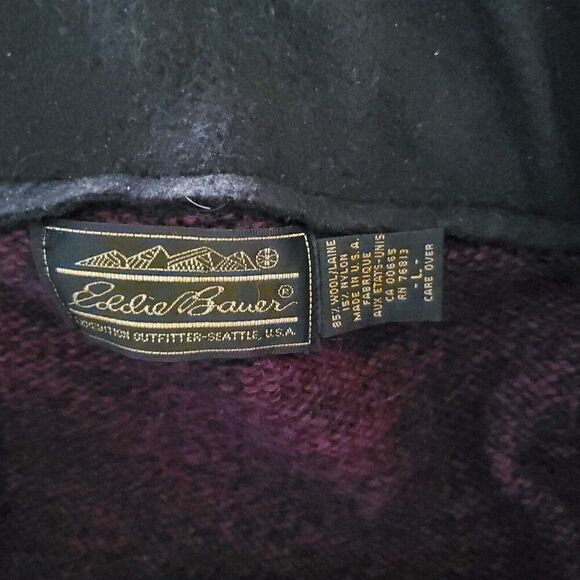 Eddie Bauer Wool Blend Cardigan Sweater L Purple Black Fleece Shawl Collar Vtg - Picture 4 of 5
